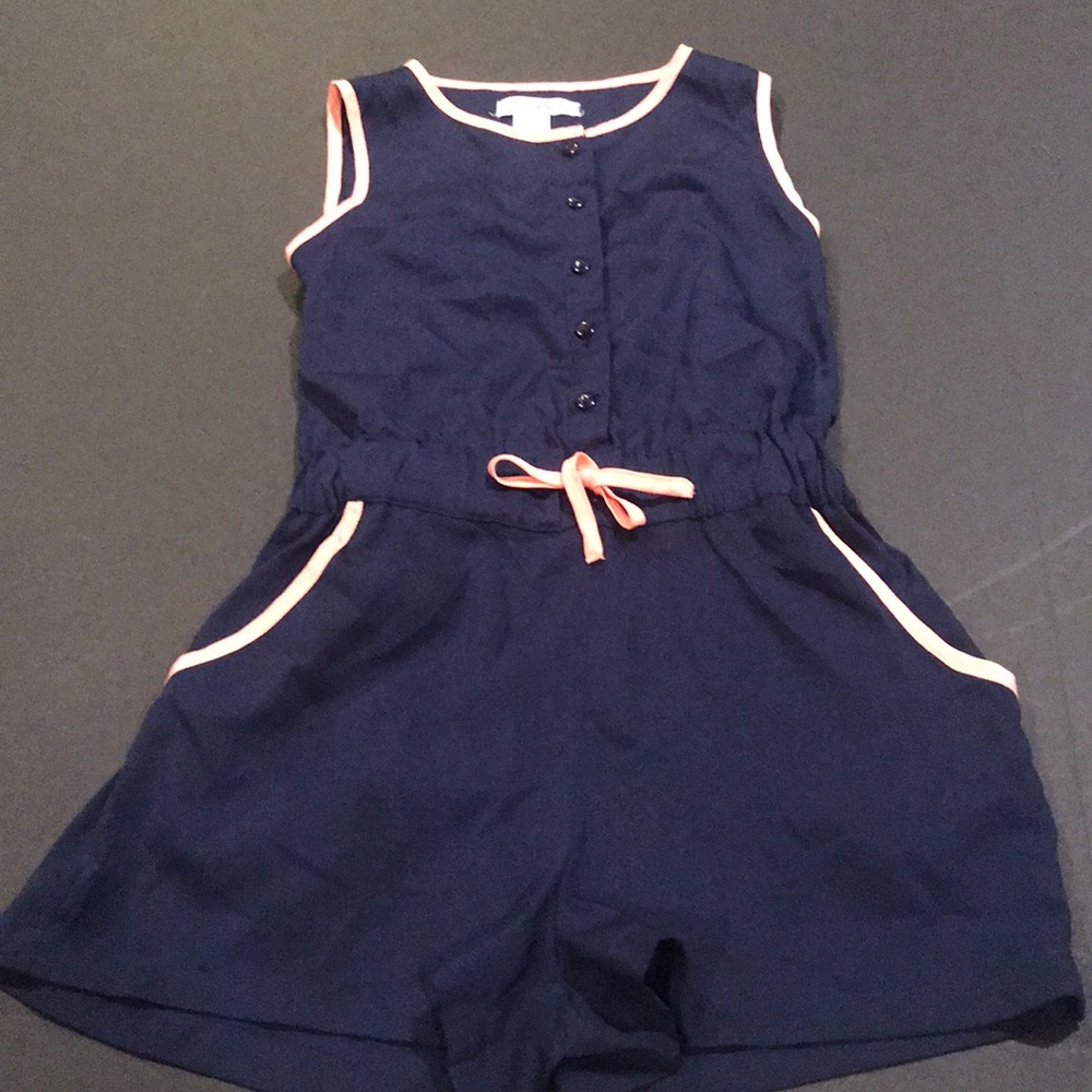 Girls Navy Blue Romper with Pink Trim